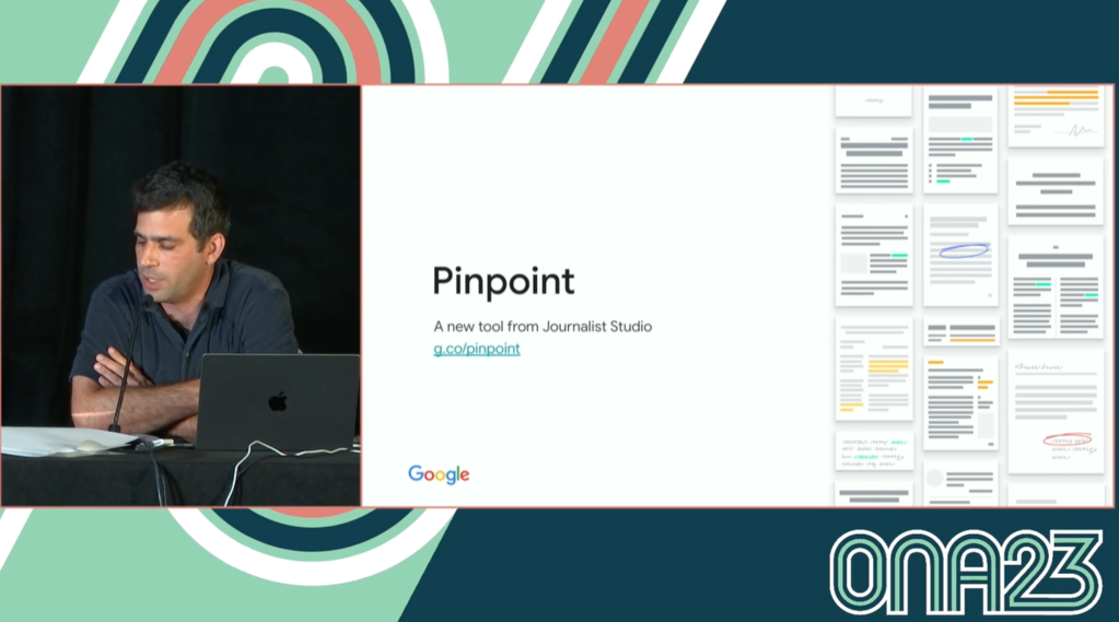 Screenshot from presentation featuring speaker Etan Horowitz and slide labeled "Pinpoint" with illustrations symbolizing marked-up data