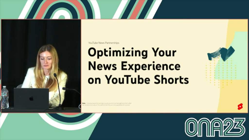 Livestream image capture of speaker Nicolette Scott and the title screen of her slide deck, reading "Optimizing Your News Experience on YouTube Shorts." The ONA23 logo is in the lower right corner.