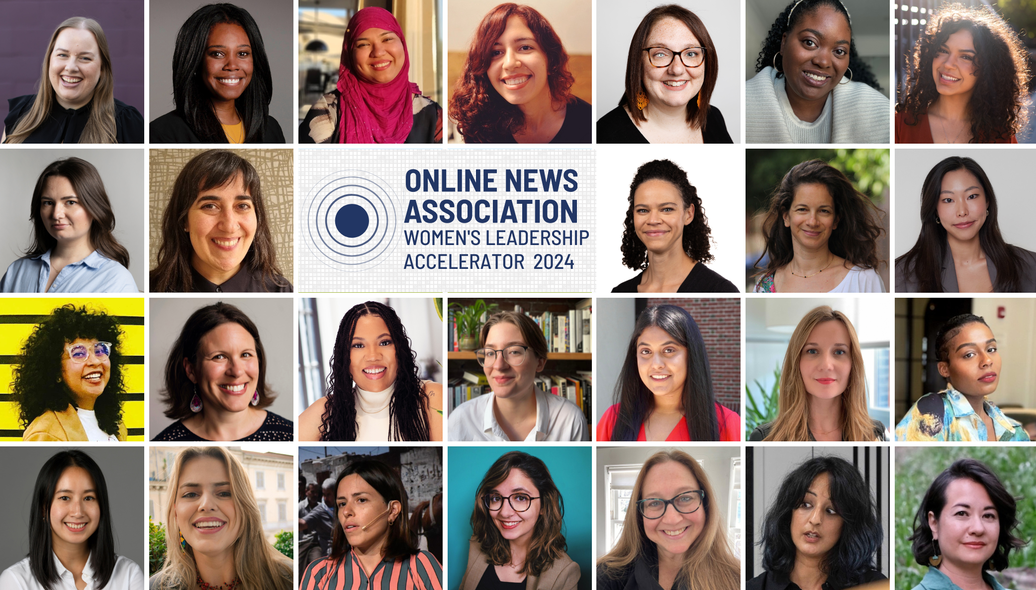 Headshots of the 26 members of the 2024 Online News Association's Women's Leadership Accelerator arranged in a grid.