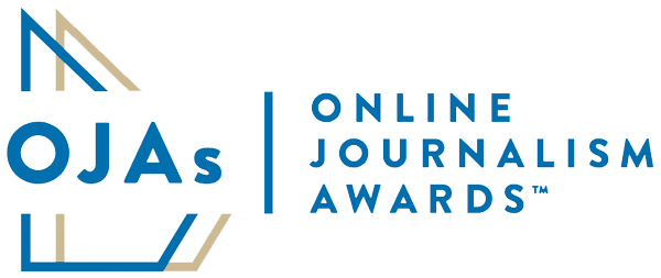 The Online Journalism Awards logo features 2 outlines representing the shape of the physical award, one in blue and one in gold, with OJAs in the center in blue.