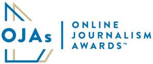 The Online Journalism Awards logo features 2 outlines representing the shape of the physical award, one in blue and one in gold, with OJAs in the center in blue.