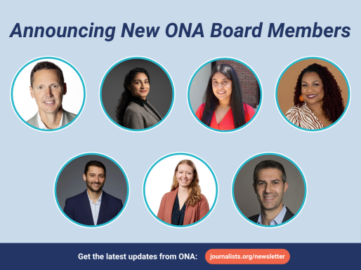 A grid of seven headshots below the headline Announcing New ONA Board Members.