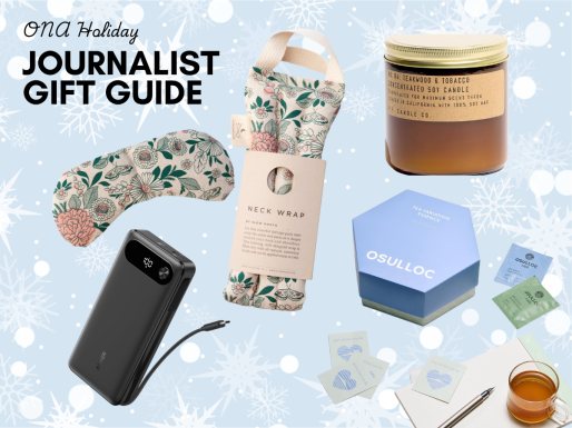Graphic titled “ONA Holiday Journalist Gift Guide” on a light blue, snowflake-patterned background. The collage features cozy gift items including a floral eye mask, a matching fabric neck wrap with tag, a glass jar soy candle, a black portable phone charger with cable, a blue hexagonal box labeled “OSULOC” with tea sachets, a small glass cup of tea, a pen and notebook, and paper cards with heart designs.